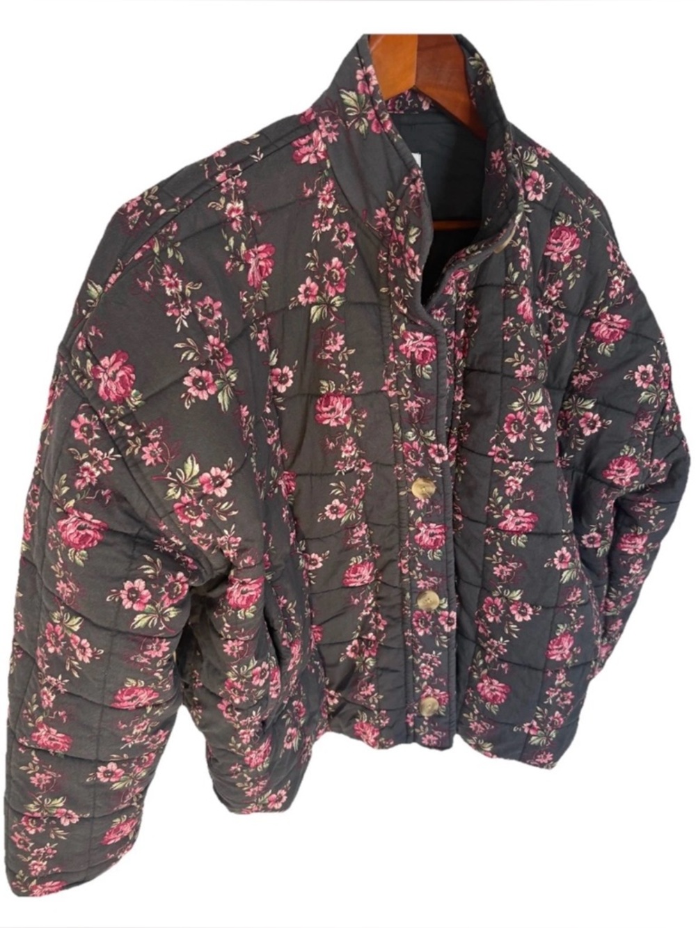Arizona Jean Co Women's Floral Quilted Crop Heavy  Jacket  Button Up Black Pink